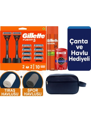 Gillette Fusion 2 Makine+10 Yedek Tıraş Bıçağı+2 STAND+200 ml Jel +Old Spice Deo+Çanta +Havlu Hediye