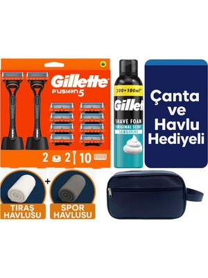 Gillette Fusion 2 Makine+10 Yedek Tıraş Bıçağı+2 STAND+300 ml Köpük +Çanta +Havlu Hediye