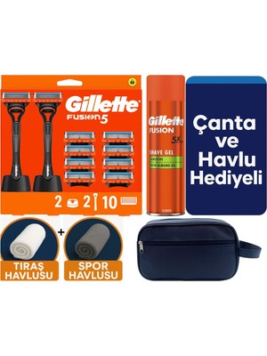 Gillette Fusion 2 Makine+10 Yedek Tıraş Bıçağı+2 STAND+200 ml Fusion Jel +Çanta +Havlu Hediye