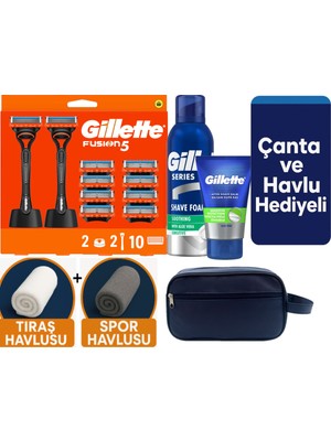Gillette Fusion 2 Makine+10 Yedek Tıraş Bıçağı+2 STAND+200 ml Köpük +Balsam +Çanta +Havlu Hediye