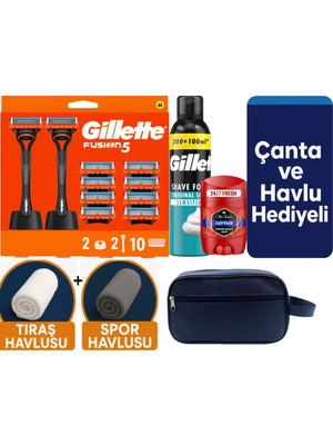 Gillette Fusion 2 Makine+10 Yedek Tıraş Bıçağı+2 STAND+300 ml Köpük +Old Spice Deo+Çanta +Havlu Hediye