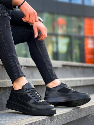 EM Trend Kb-X8 Kuback Siyah Cilt Siyah Süet  Detaylı Siyah Yüksek Taban Günlük Spor Ayakkabı