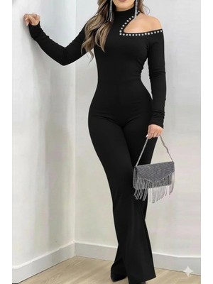 Çamaşır Kenti Kadın Tek Omuzdan Açık Balıkçı Yaka Taş Detaylı Uzun Ithal Krep Tulum