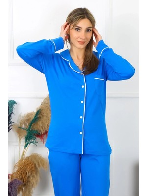 Marsilyan Kadın Pamuk Penye Önden Düğmeli Uzun Kol Saks Pijama Takım