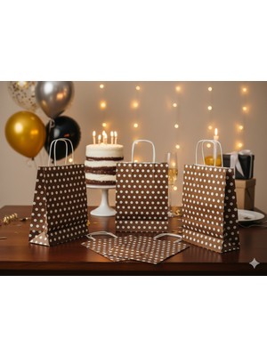 Orbak Kağıtçılık Kahverengi Puantiyeli Kraft Kağıt Çanta 18X8X24 cm – 5’li Paket - Beyaz Benekli  | Hediye Poşeti & Hediye Paketi