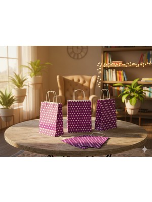 Orbak Kağıtçılık Mor Puantiyeli Kraft Kağıt Çanta 18X8X24 cm – 5’li Paket - Beyaz Benekli  | Hediye Poşeti & Hediye Paketi