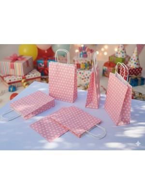 Orbak Kağıtçılık Pembe Puantiyeli Kraft Kağıt Çanta 18X8X24 cm – 5’li Paket - Beyaz Benekli  | Hediye Poşeti & Hediye Paketi