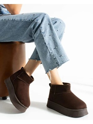 Ec Store Süet Kadın Kışlık Ev ve Dışarı Botu Terliği Ug Model Yüksek Kalın Tabanlı Kışlık Içi Yünlü Tüylü