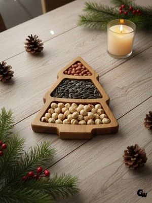 Yılbaşı Sunum Tabağı Noel Çam Ağacı Doğal Ahşap Çerez Tabağı(Kayın / Gürgen)