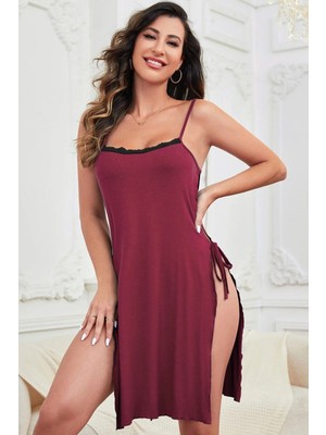 Lux Store Kadın Bordo Cut Out Detaylı Yırtmaçlı Sexy Gecelik