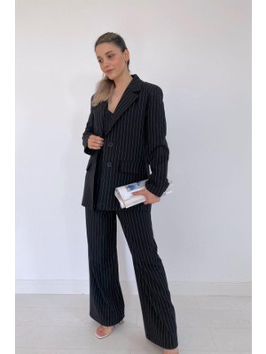 Siyah Çizgili Ceket - Yelek ve Pantolon Takım