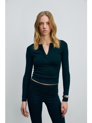 Grimelange Cıelo Kadın Yuvarlak Yaka Önü Yarım Pat Fonksiyonel Düğmeli Uzun Kollu Siyah Bluz