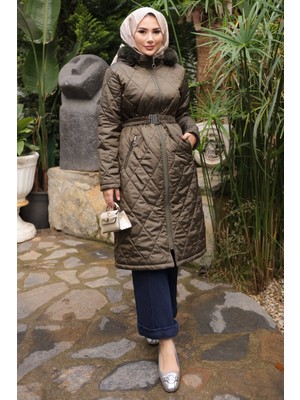 İmaj Butik Haki Kapüşonlu Fermuarlı Kapitone Mont