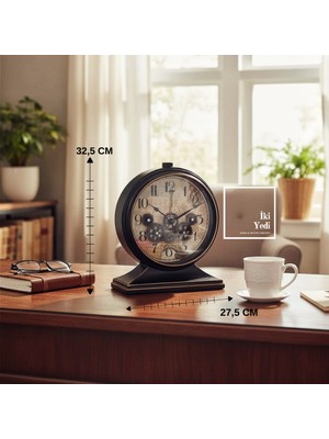 İki Yedi Konsept Branton Döner Çarklı Masa Saati Siyah Renk Konsol Masa Üstü Saat Ofis Hediyesi Aksesuar Ev Dekor