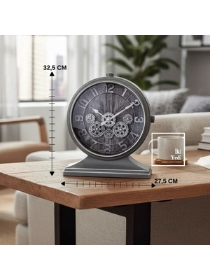 İki Yedi Konsept Schornak Steampunk Dişli Döner Çarklı Mekanizmalı Masa Saati Gri Retro Mekanik Tasarım Dekor Saat