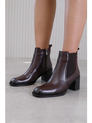 E9805  Model 5 cm Topuklu Yeni Sezon Bot Orjinal Deri Kahve