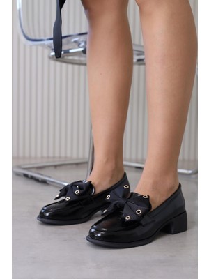 Gellen Model 4 cm Topuklu Yeni Sezon Topuklu Ayakkabı Babet Loafer Sıyah