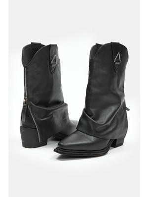 Nilufarr Lata Siyah Hakiki Deri Topuklu Bot