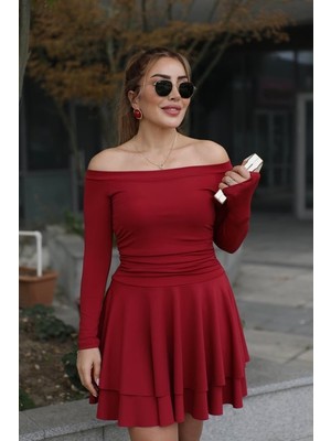 Qimya Butik Buketli Kadın Ince Scuba Kumaş Eteği Çift Kat Madonna Yaka Uzun Kollu Mini Elbise