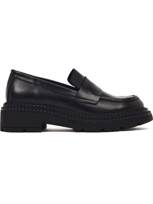 Derimod Kadın Siyah Kalın Tabanlı Deri Maskülen Loafer 25AFD185018