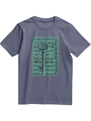 Zaytoon Unisex Kısa Kollu Dönüş Anahtarı ve Çok Dilli \"nehirden Denize\" Sloganlı Tişört S - 2xl T300027