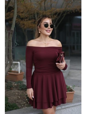 Qimya Butik Buketli Kadın Ince Scuba Kumaş Eteği Çift Kat Madonna Yaka Uzun Kollu Mini Elbise