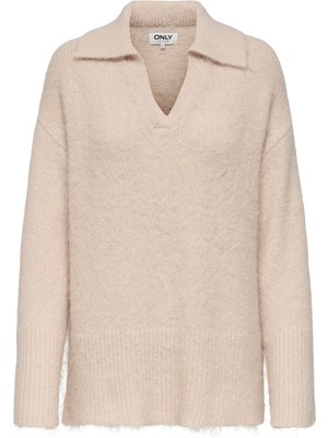 Only V Yaka Rahat Düz Krem Kadın Kazak Onlmaggıe Lıfe Ls Polo cc Knt