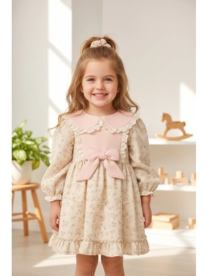 Aysskids Sanabel Dantel Yaka Detaylı Fırfır Etekli Uzun Kollu Kız Çocuk Bayramlık Özel Gün Elbise