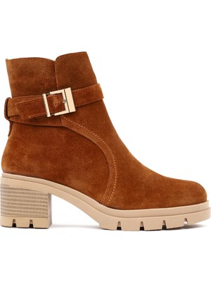 Derimod Kadın Taba Kalın Topuklu Fermuarlı Süet Deri Bot 25WFD414110