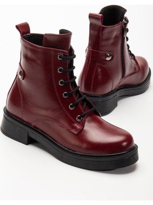 Zerenyus ZRİN-2003 Premium Bordo Kırışık Rugan Bağcıklı Fermuarlı Günlük Kadın Bot