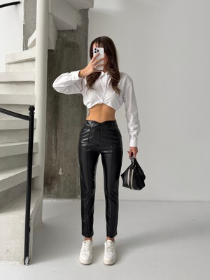 Blue Marlin Kadın Siyah Deri Dar Paça Pantolon