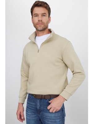 Tudors Unisex Relax Fit Rahat Kesim Pamuklu Içi Polarlı Yarım Fermuarlı Bej Dik Yaka Sweatshirt