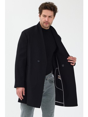 Danger Erkek Kruvaze Palto Mont %100 Polyester Rahat Kalıp Düz Desen Siyah Renk