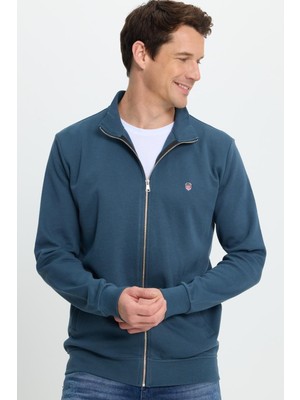 Tudors Erkek Slim Fit Dar Kesim Pamuklu Tam Fermuarlı Çift Cepli Dik Yaka Petrol Sweatshirt Hırka