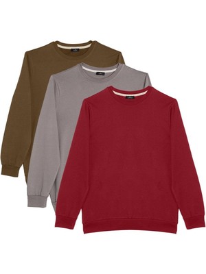 Tudors Unisex 3'lü Paket Bordo-Gri-Yeşil Relax Fit Pamuklu 3 İplik İçi Polarlı Bisiklet Yaka Sweatshirt
