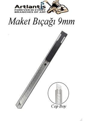 Artlantis Maket Bıçağı 9mm Metal Cep Boy Falçata Kaymaz Kilitli 9mm Bıçaklı Paslanmaz Dar Maket Bıçağı Metal Küçük Boy Falçata
