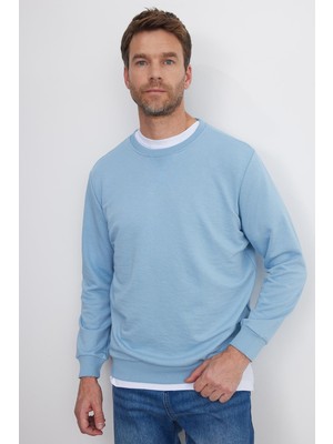 Tudors Unisex Relax Fit Rahat Kesim %100 Pamuk 3 İplik Basic Mavi Bisiklet Yaka Sweatshirt