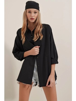 Çamaşır Kenti Siyah Oversize Uzun Basic Gömlek 3900