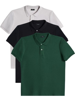 Tudors Erkek 3'lü Paket Gri-Siyah-Yeşil Slim Fit Dar Kesim Pamuklu Düz Pike Polo Yaka Tişört