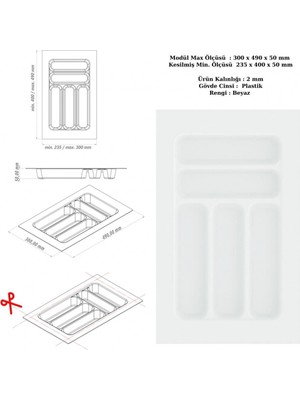 Koçsan Çekmece Içi Kaşıklık, Düzenleyici, Organizatör 30 cm x 49 Cm-Beyaz