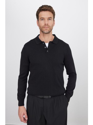 Tudors Erkek Standart Fit Normal Kesim Pamuklu Polo Yaka Siyah Kazak