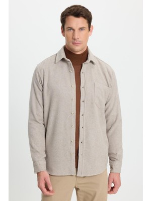 Tudors Erkek Regular Fit Klasik Kesim Düz Cepli Koyu Vizon Oduncu Gömlek