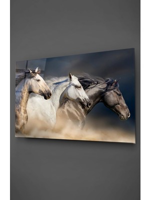 Dört Nala Koşan Atlar Cam Tablo