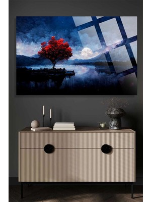 Ay Manzaralı Ağaç 4mm Lüks Kırılmaz Temperli Yüksek Çözünürlüklü Cam Tablo