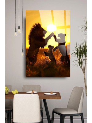 Gün Batımı Mutlu Aslan Ailesi Cam Tablo, Ev ve Ofis Hediyesi Yüksek Çözünürlüklü 4mm Cam Tablo