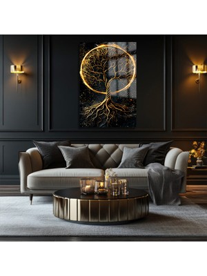 Altın Işık Saçan Harika Ağaç Tasarımı Kırılmaz Cam Tablo Ev Hediyesi Iş Yeri Hediyesi Lüks Cam Tablo