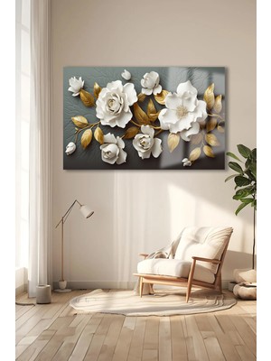 Gold Yapraklı Beyaz Çiçek Kırılmaz Lüks Cam Tablo Of Iş Yeri Hediyesi Cam Tablo