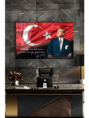 Atatürk Portre ve Türk Bayrağı Vatanını En Çok Seven Görevini En Iyi Yapandır Cam Tablo, Hediyelik