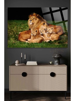 Aslan Ailesi Leo Family 4mm Kırılmaz Temperli Yüksek Çözünürlüklü Cam Tablo