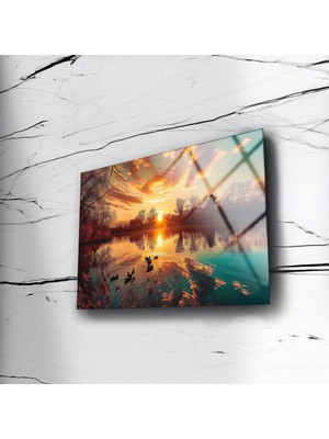 Göl Manzarası Cam Tablo , Ev Duvar Dekoru , Oturma Odası Dekoru , Ofis Duvar Dekoru , Asılmaya Hazır